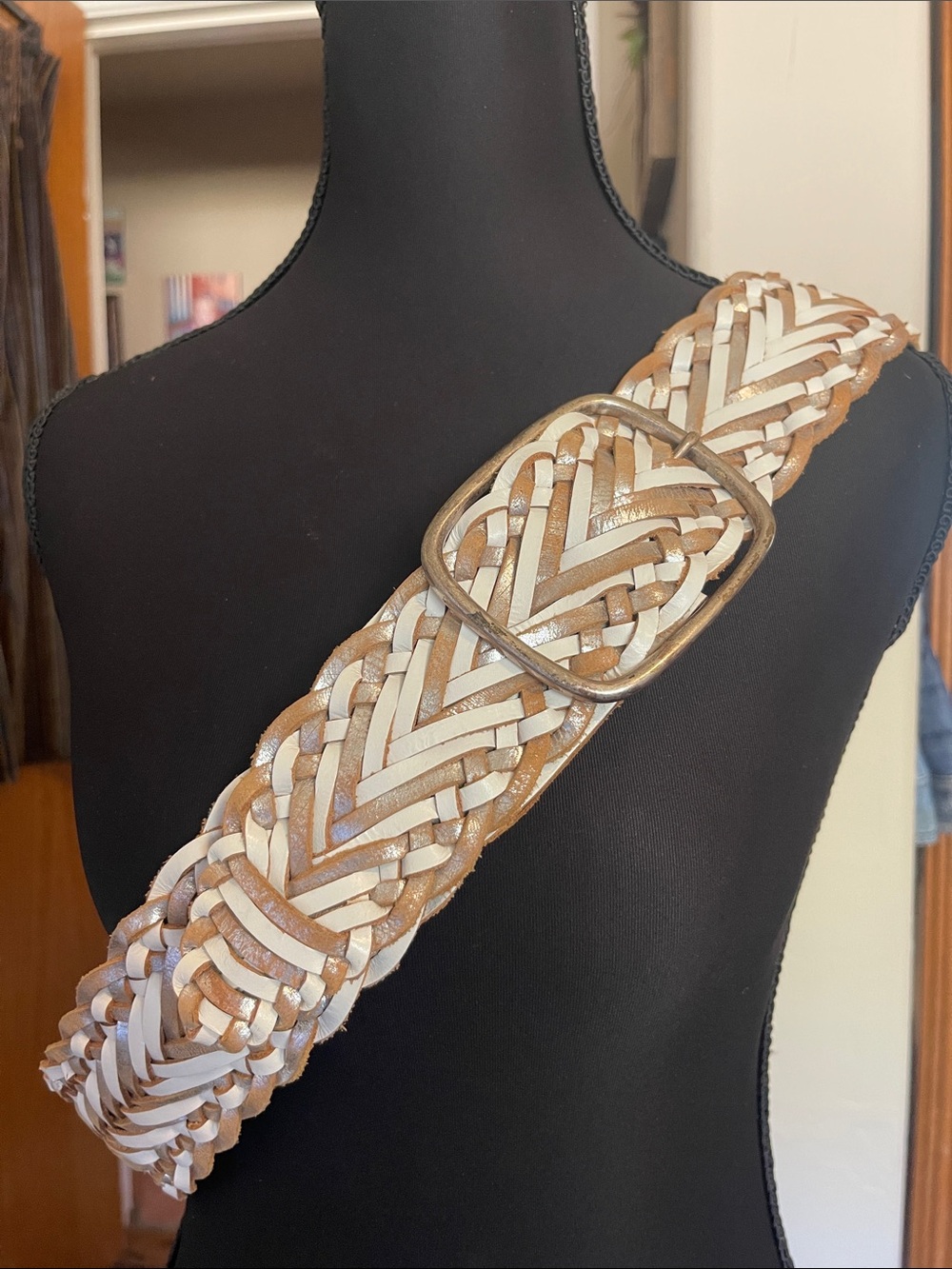 Nine West Braided Leather Belt in Cream and Tan XL